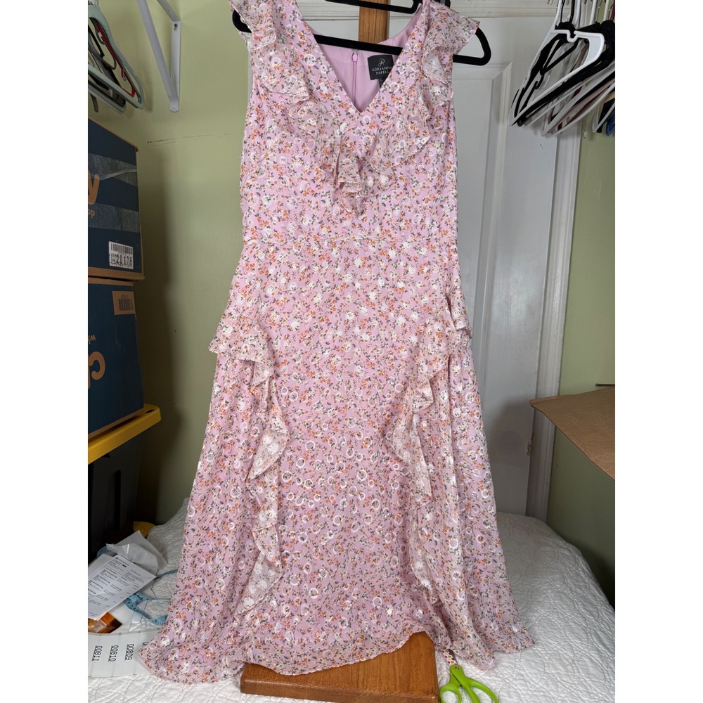 Adrianna Papell Pink Floral Ruffle Midi Dress Metallic Filcoupe Size 8